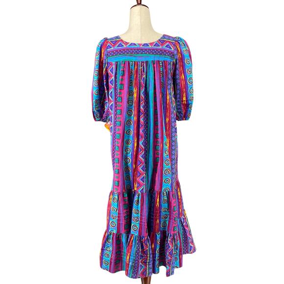 Vtg 80s 90s Two Potato Laguna Beach Artsy Midi Tiered Muumuu Dress XS Cotton NOS - Picture 3 of 16